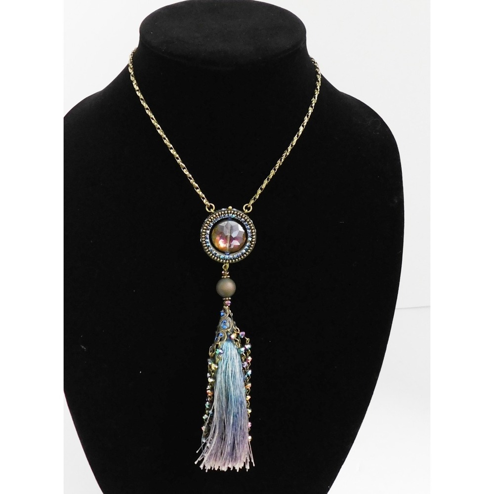 Michal Negrin Purple Blue Long Necklace Crystal Beads Tassel 1990s Y2K